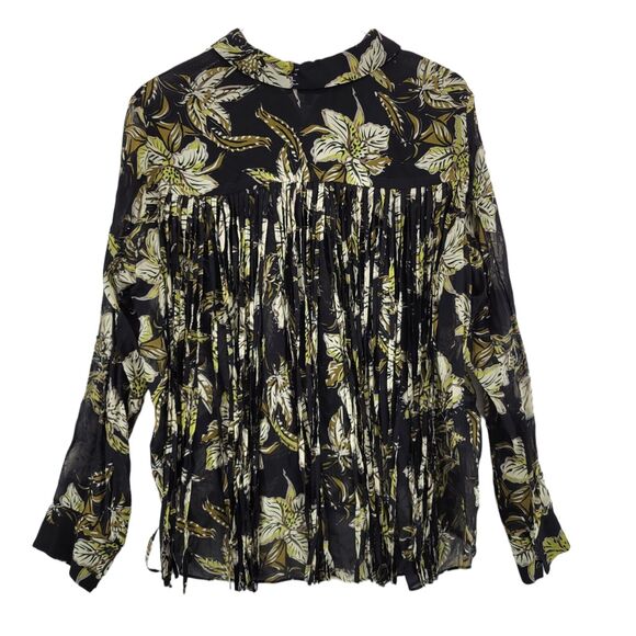 Dorothee Schumacher Black Floral Blouse Size Large (4) Viscose Fringed Back - Picture 3 of 13